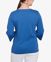 Ruby Rd. Petite Embroidered Scattered Floral Three Quarter Sleeve T-Shirt