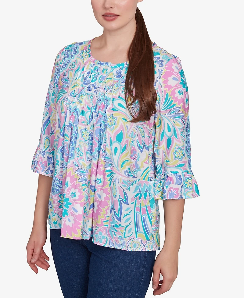 Ruby Rd. Petite Utopian Floral Silky Button Front Top