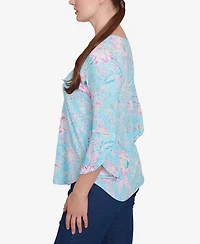 Ruby Rd. Petite Cloisonne Floral Puff Print Three Quarter Sleeve Top