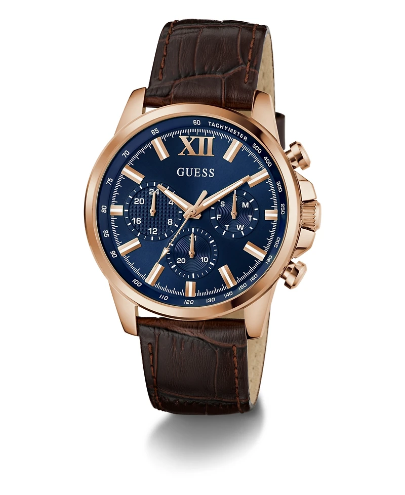 Guess Men's Multi-Function Brown Genuine Leather Watch, 44mm