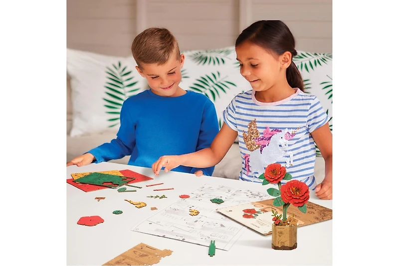 Robotime 3D Wooden Puzzle Red Rose Diy Model Building Kits Artifical Flower Toys, Red, 3.3"2.5"8.2"