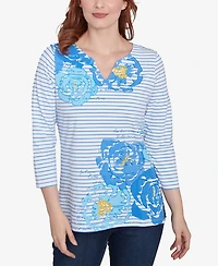 Ruby Rd. Petite Floral Embroidered Script Stripe Three Quarter Sleeve T-Shirt