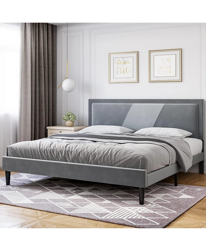 gaomon Wood Slat Support Bed Frame with Adjustable Height Headboard Velvet Upholstered Bed Frame