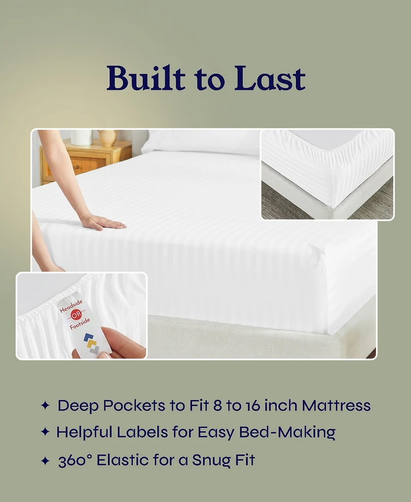 Striped 500 Thread Count Fitted Sheet Only, 100% Cotton Sateen, Fully Elasticized with Deep Pockets by California Design Den