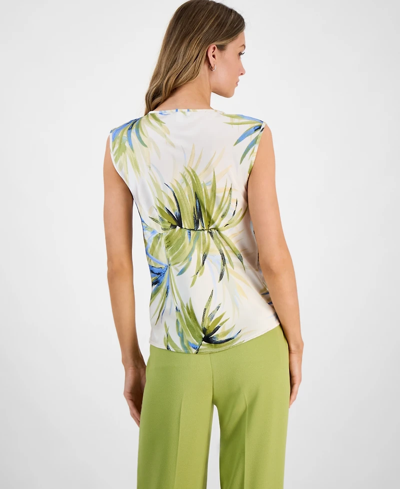 Bar Iii Women's Palm Print Satin Cowl Neck Blouse