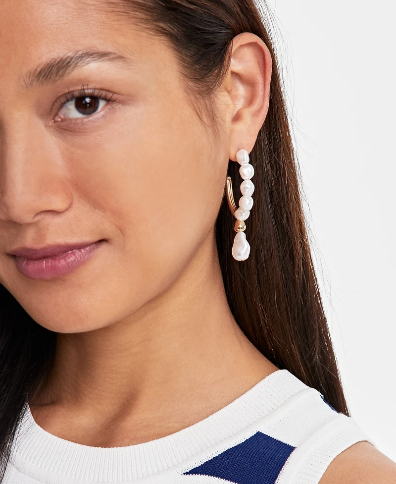 On 34th Gold-Tone Imitation Pearl Charm Hoop Earrings, Exclusively at Macy's