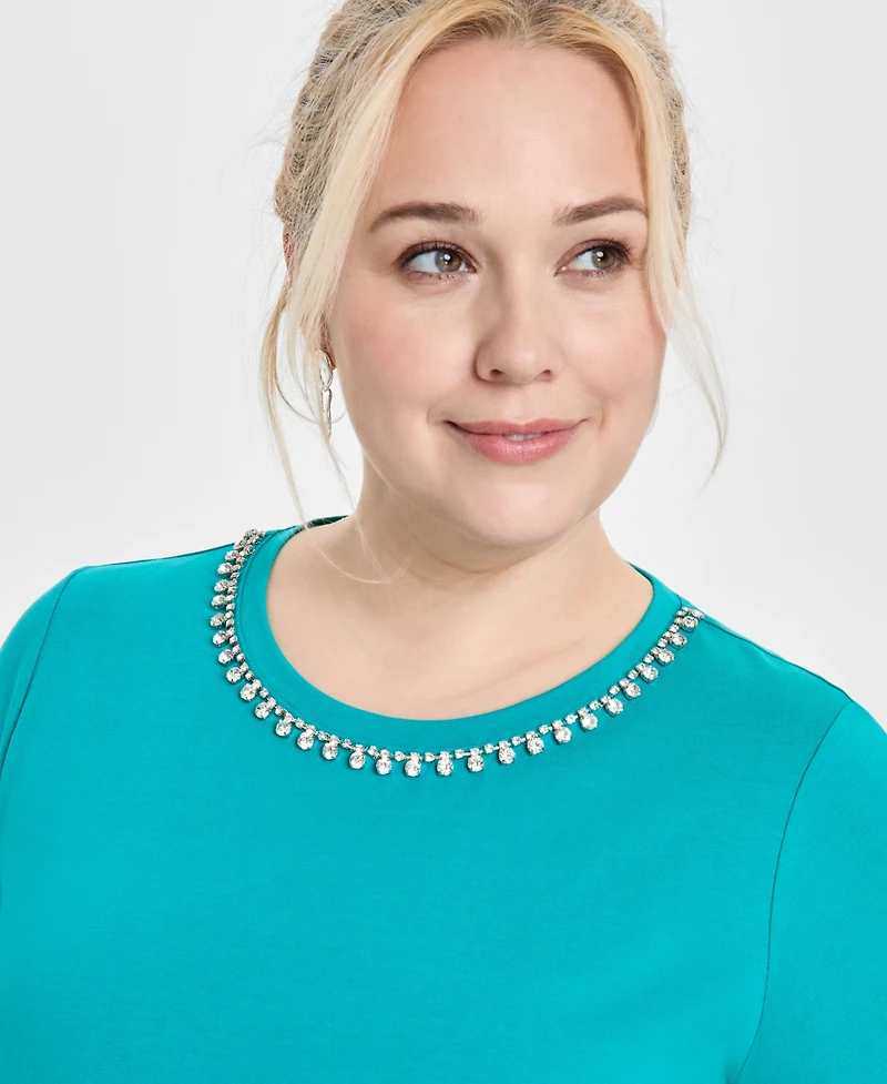 Jm Collection Plus Rhinestone-Trim T-Shirt, Exclusively at Macy's