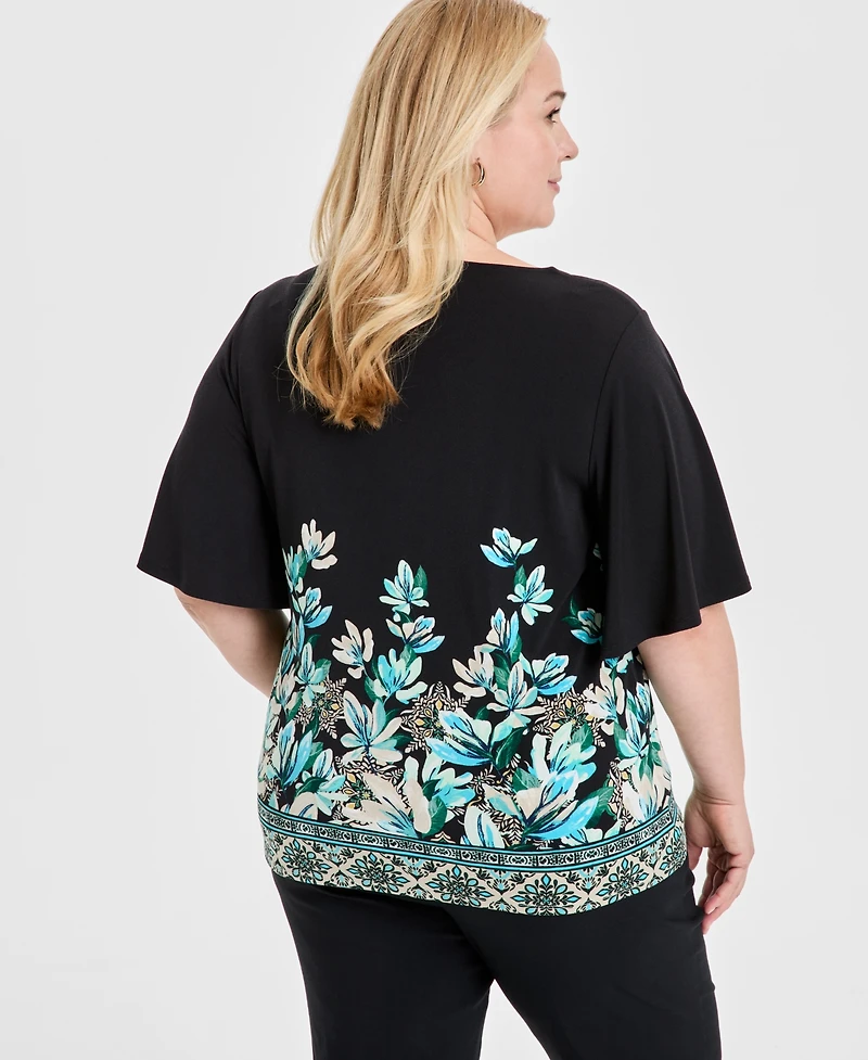 Jm Collection Plus Printed Square-Neck Short-Sleeve Top, Exclusively at Macy's