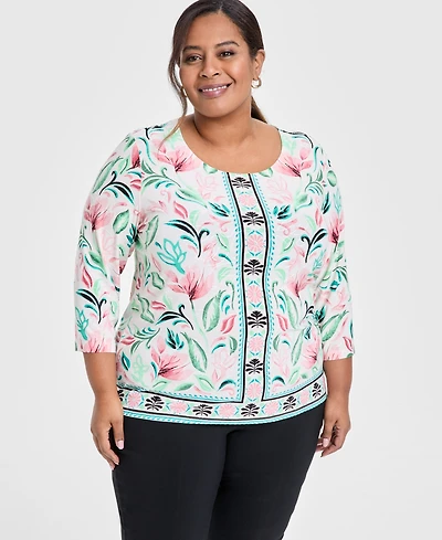 Jm Collection Plus Size Jacquard Floral-Print 3/4-Sleeve Top, Exclusively at Macy's