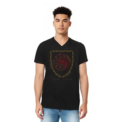 House Of The Dragon Men's Shield Vintage Dark Short Sleeve Adult V Neck Premium Cotton Tee / T-Shirt