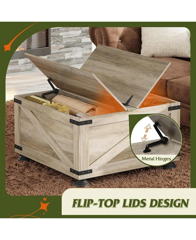 Wlive Farmhouse Coffee Table,Square Wood Coffee Table with Storage,Center Table for Living Room,Home Office,Grey Oak