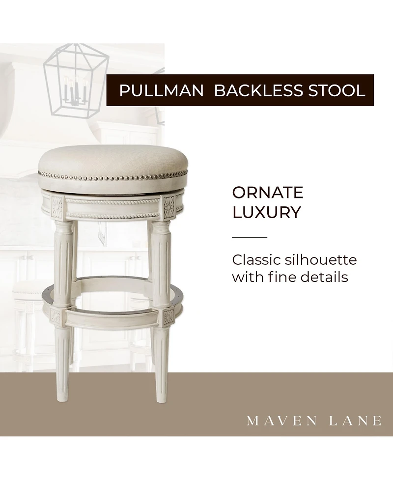 Maven Lane Pullman Backless Bar Stool in White Oak Finish w/ Natural Color Fabric Upholstery, Set of 3