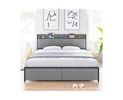 gaomon King Size Bed Frame with Charging Station and 2 Storage Drawer, Upholstered Platform Bed with Headboard, Usb Port & Outlets, No Box Spring Need
