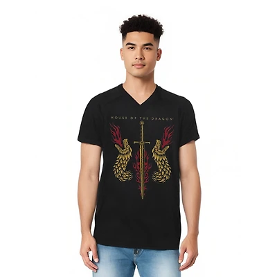 House Of The Dragon Men's Sword And Heads Short Sleeve Adult V Neck Premium Cotton Tee / T-Shirt