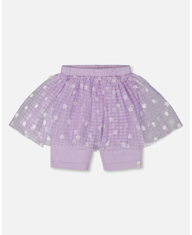 Deux par Deux Toddler Girls Crinkle Biker Short With Flower Mesh Skirt Lilac With White Flowers - Toddler|Child