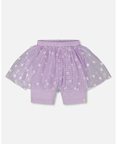Deux par Deux Toddler Girls Crinkle Biker Short With Flower Mesh Skirt Lilac With White Flowers - Toddler|Child