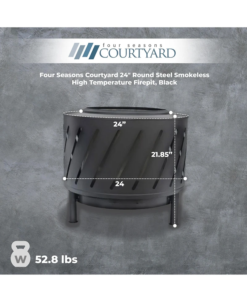 Four Seasons Courtyard 24" Round Steel Smokeless High Temperature Firepit, Black