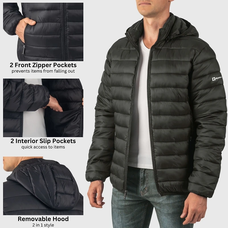 Alpine Swiss Men's Men s Lightweight Puffer Jacket with Removable Hood | Milo Winter Coat Packable Water-Resistant Down Alternative Bubble
