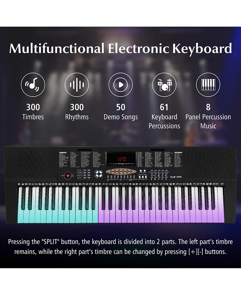 Gymax 61-Key Electronic Keyboard Piano w/ 300 Rhythms 300 Timbres 50 Demo Songs