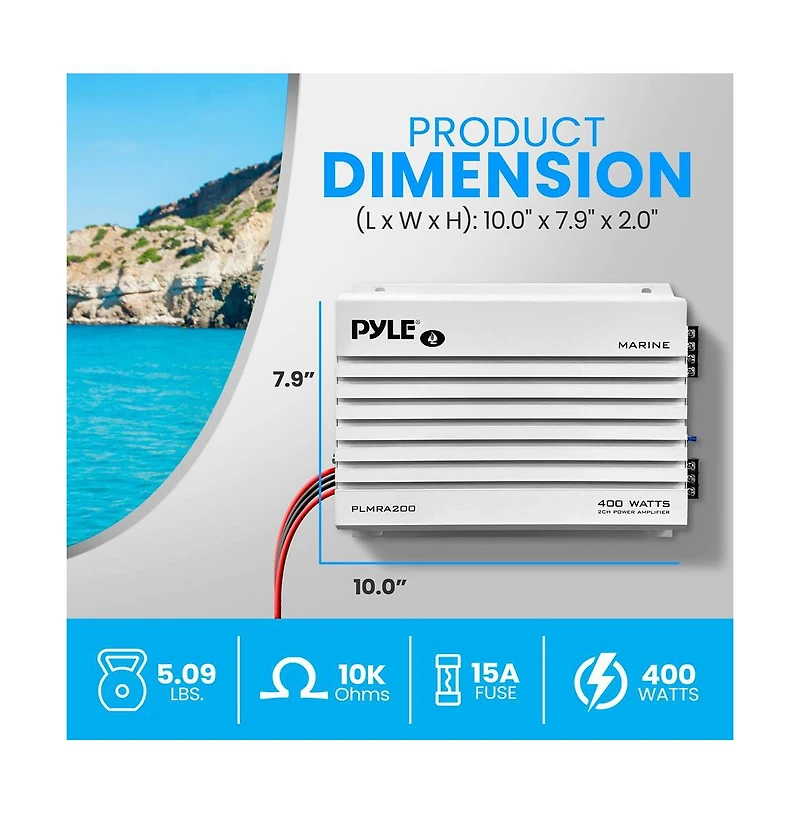 Pyle 2-Ch. Elite Series Marine Amplifier, Bridgeable 400W Waterproof Amp