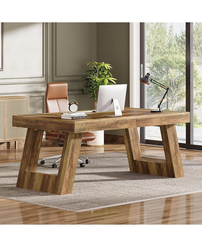 Tribesigns 63 Inches Wood Executive Desk, Large Home Office Desk with Double Pedestal, Industrial Computer Desk Study Writing Table