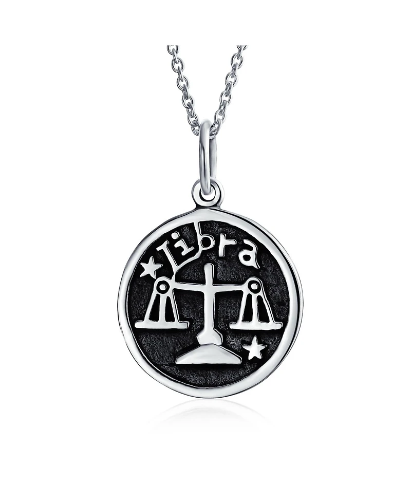 Bling Jewelry Libra Zodiac Sign Astrology Horoscope Round Medallion Pendant Necklace Antiqued Sterling Silver