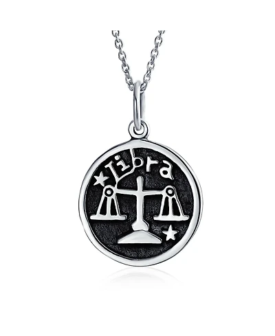 Bling Jewelry Libra Zodiac Sign Astrology Horoscope Round Medallion Pendant Necklace Antiqued Sterling Silver