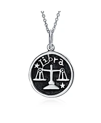 Bling Jewelry Libra Zodiac Sign Astrology Horoscope Round Medallion Pendant Necklace Antiqued Sterling Silver