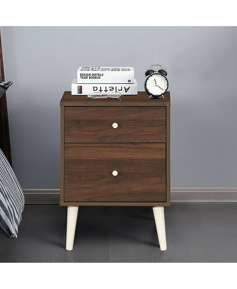 Gymax Nightstand 2-Drawer Beside End Side Table w/Rubber Legs Oak Finish