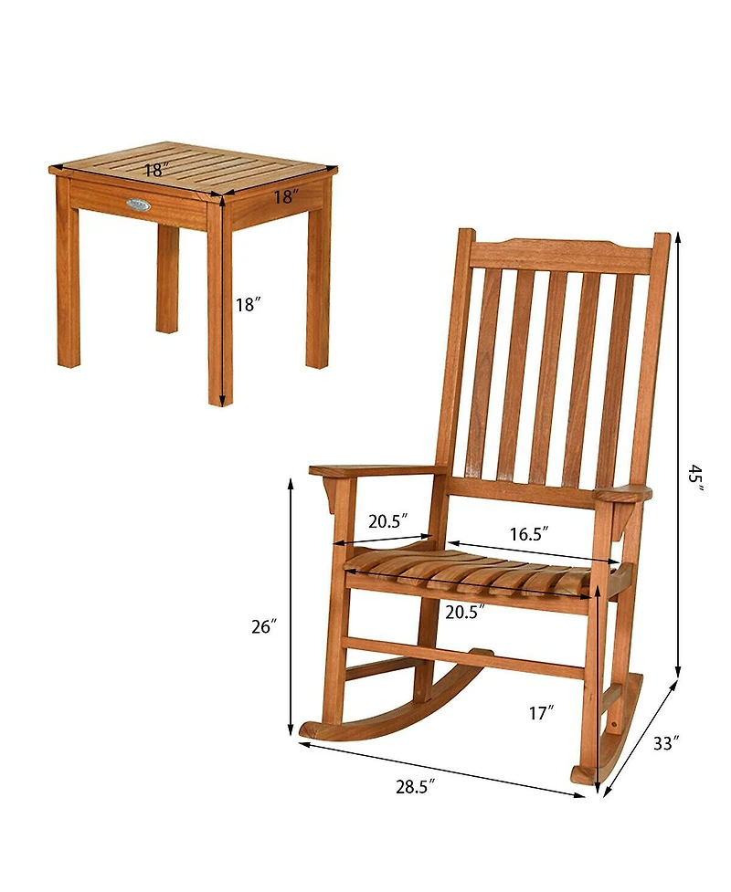 Gymax 3 Pcs Eucalyptus Rocking Chair Set W/ Coffee Table 2 Wood Conversation Chairs