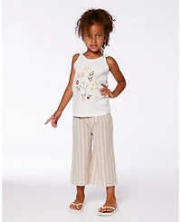 Deux par Deux Toddler Girls Wide Leg Capri Linen Pant White And Sage Striped - Toddler|Child
