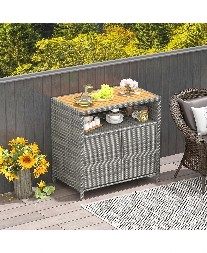 Gouun Rattan Storage Cabinet with Acacia Wood Countertop for Poolside Deck and Patio