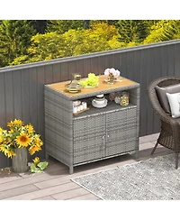 Gouun Rattan Storage Cabinet with Acacia Wood Countertop for Poolside Deck and Patio