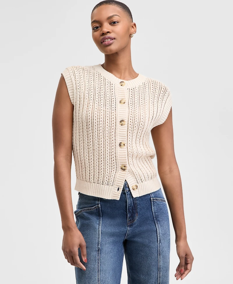 And Now This Petite Open-Knit Button-Front Cardigan Sweater, Exclusively at Macy's