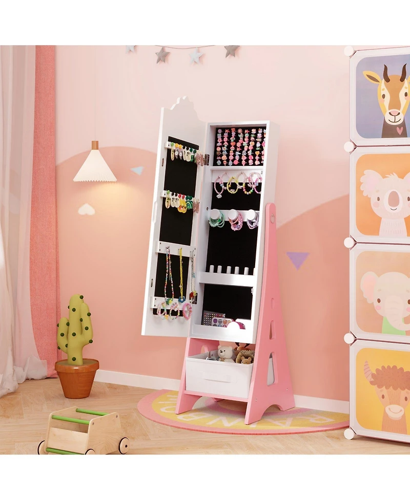 Gouun Kids Jewelry Cabinet with Full-Length Mirror and Foldable Drawer
