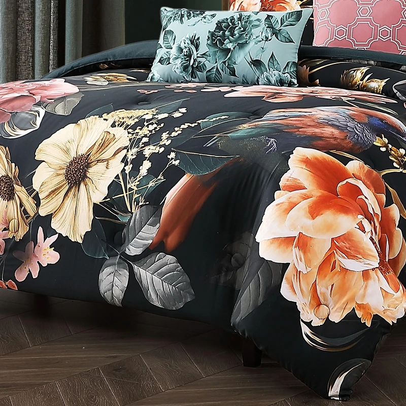 Bebejan Botanical Birds Bedding 200 Thread Count 100% Cotton Sateen 5 Piece Queen Size Reversible Comforter Set