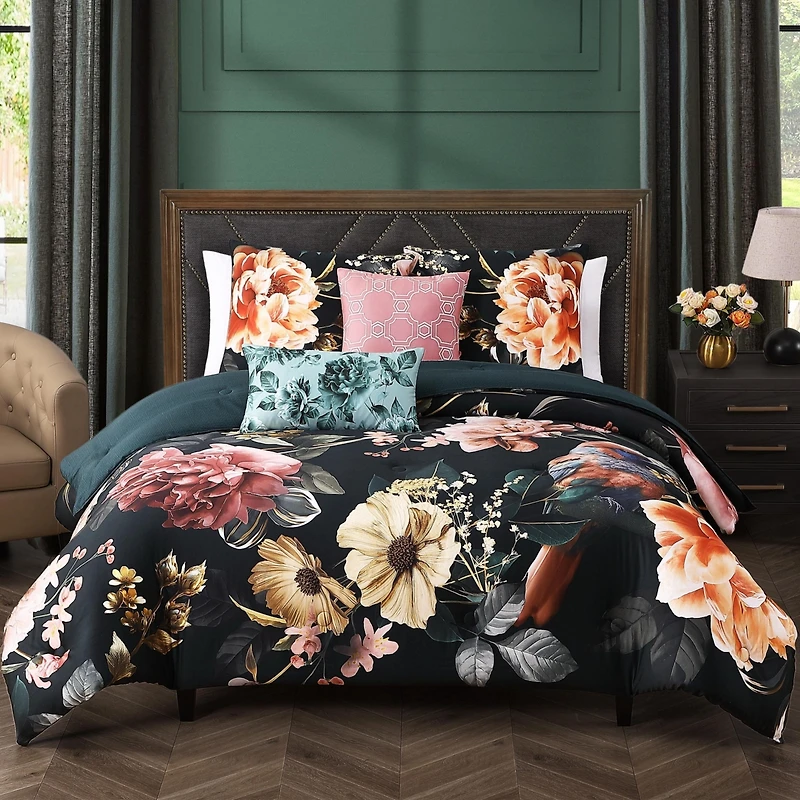 Bebejan Botanical Birds Bedding 200 Thread Count 100% Cotton Sateen 5 Piece Queen Size Reversible Comforter Set