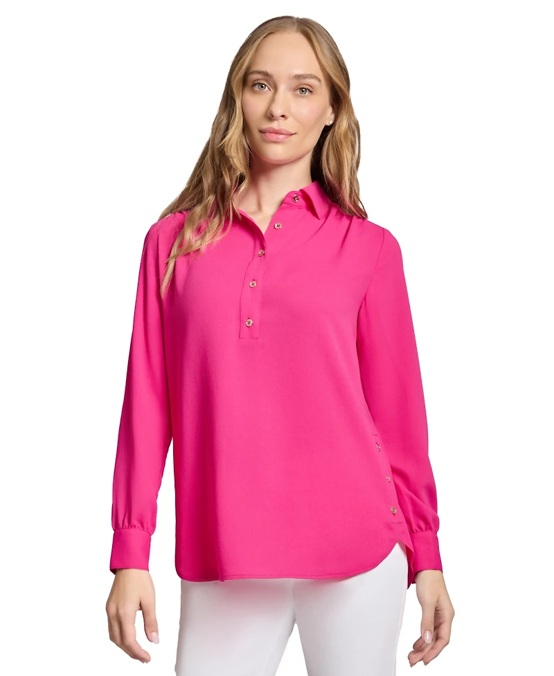 Long Sleeve Shirttail Side Button Popover Tunic
