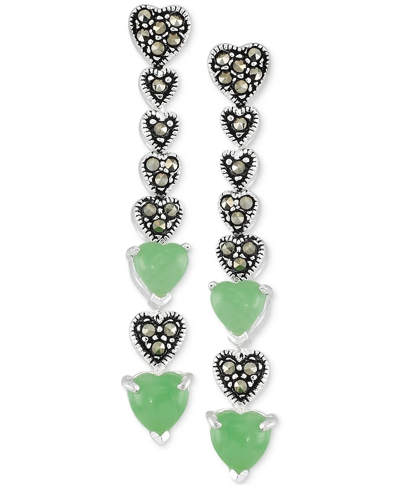 Marcasite & Jade Heart Linear Drop Earrings in Sterling Silver
