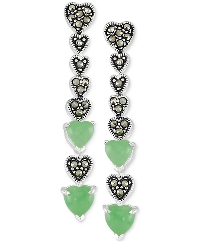 Marcasite & Jade Heart Linear Drop Earrings in Sterling Silver