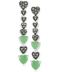 Marcasite & Jade Heart Linear Drop Earrings in Sterling Silver