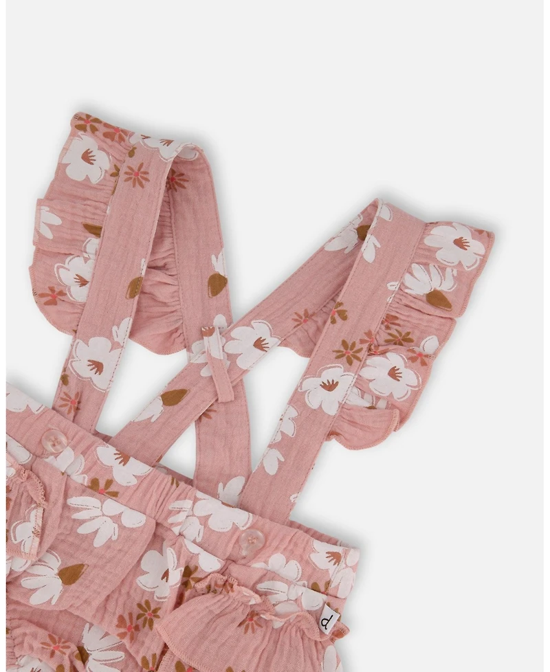 Deux par Baby Girls Printed Muslin Short And Organic Cotton Bodysuit Set Pink White Flowers