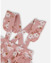 Deux par Baby Girls Printed Muslin Short And Organic Cotton Bodysuit Set Pink White Flowers