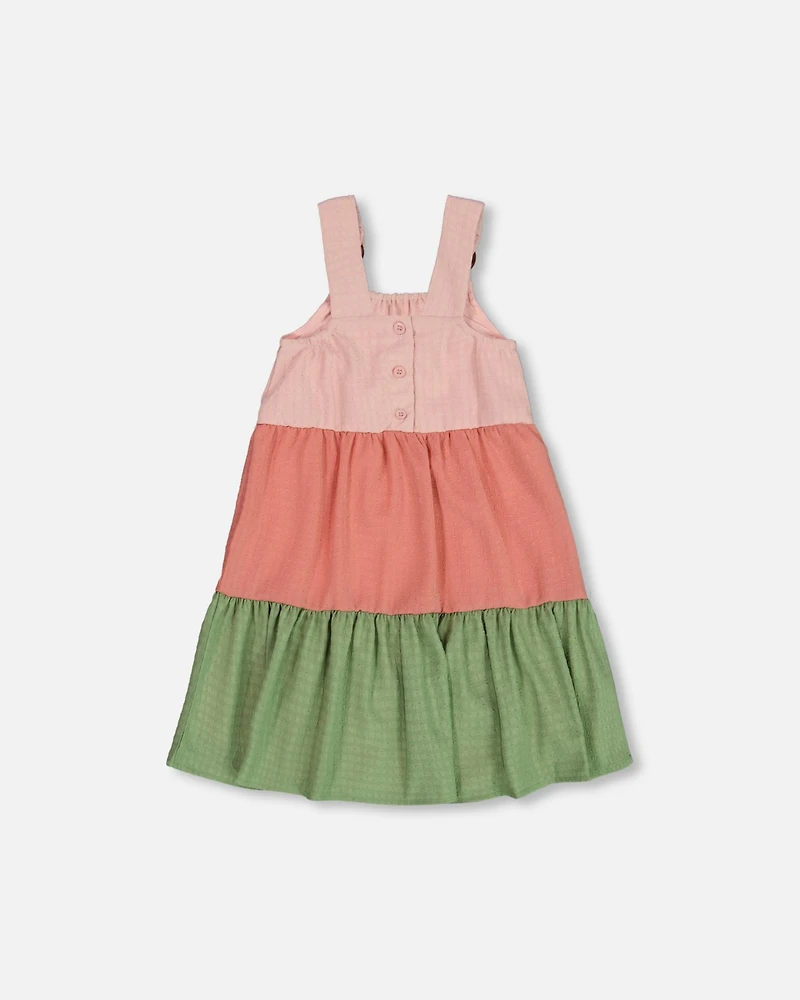 Deux par Deux Girl Tiered Color Block Peasant Dress Peach Pink And Green - Toddler|Child