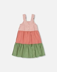 Deux par Deux Girl Tiered Color Block Peasant Dress Peach Pink And Green - Toddler|Child