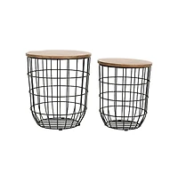 Jofran Global Archive Nested Storage Solid Wood and Metal Basket End Tables (Set of 2)