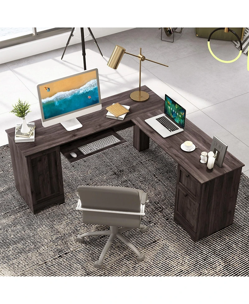 Gouun L-Shaped Office Desk with Storage Drawers and Keyboard Tray