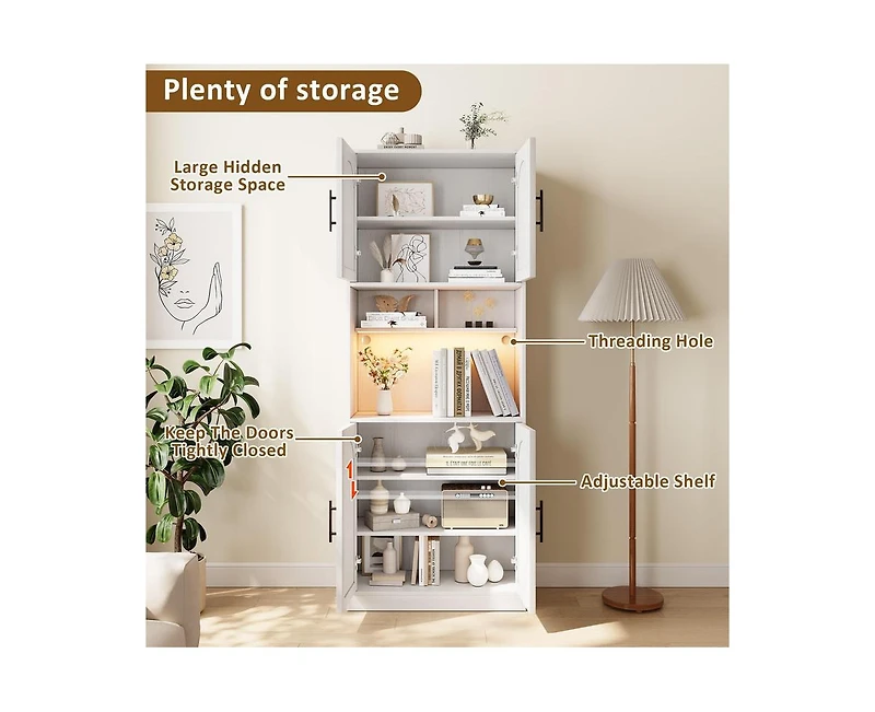 gaomon 71" Tall Kitchen Pantry Storage Cabinet, Kitchen Hutch Storage Cabinet with Led Lights, Freestanding Pantry Cabinet with Microwave Shelf