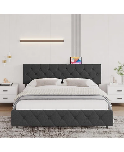 gaomon Upholstered Platform Bed Frame with Usb Ports - Adjustable Headboard, Strong Frame, Wooden Slats Support