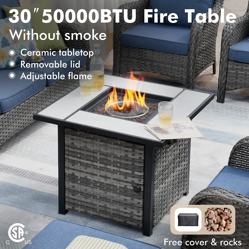 Xizzi Patio Furniture Sets Outdoor Swivel Rocking Chairs with 50,000 Btu Propane Fire Pit Table 7 Pieces All Weather Pe Wicker Conversation Sofa and M